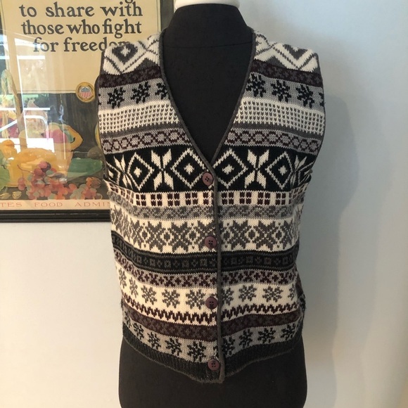 Vintage Sweaters - Vintage Snowflake Nordic Style Angora Wool Blend Button Knit Vest Waistcoat M